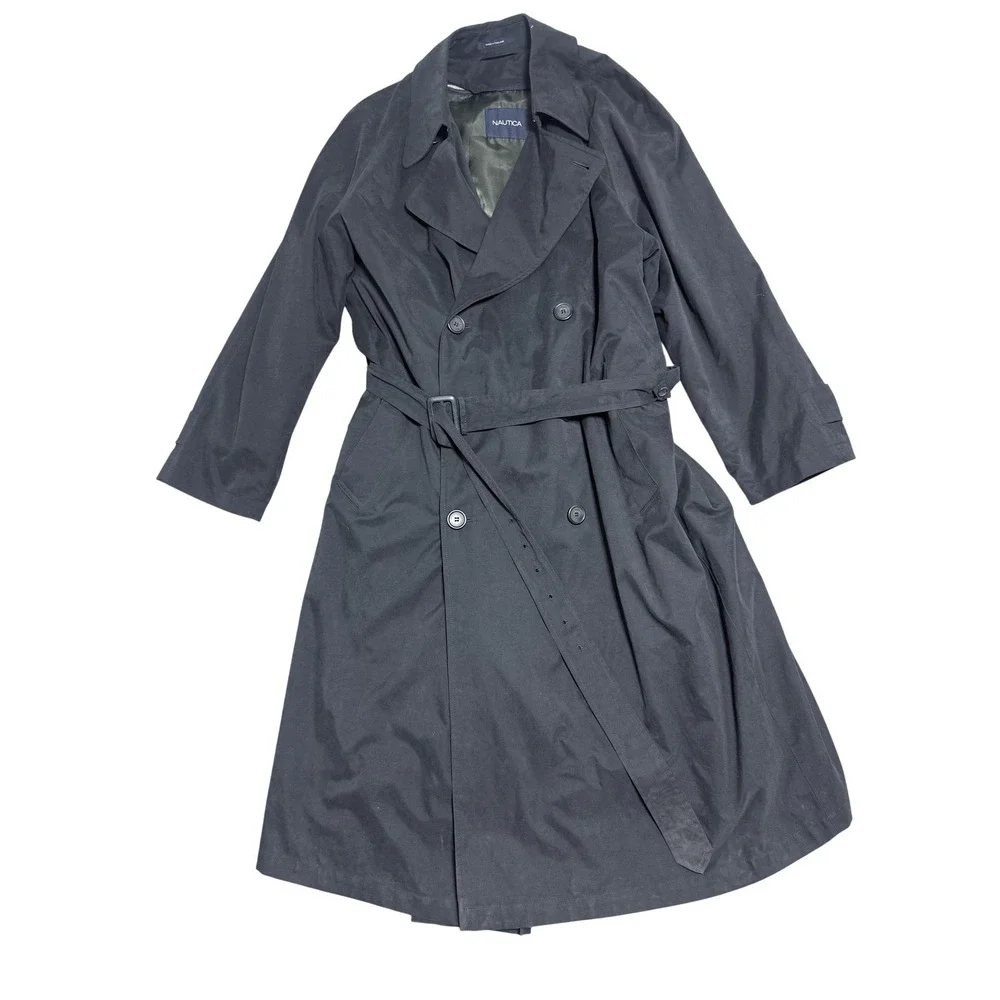 Nautica Trench Coat Mens 40 Black Belted‎ Double Breasted Removable Liner